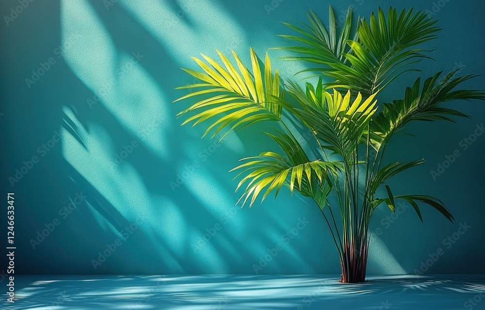 Poster soft shadows of palm leaves on light blue surface minimalist abstract background for spring and summ
