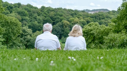 Elderly couple sitting, hilltop view, green landscape, peaceful retirement