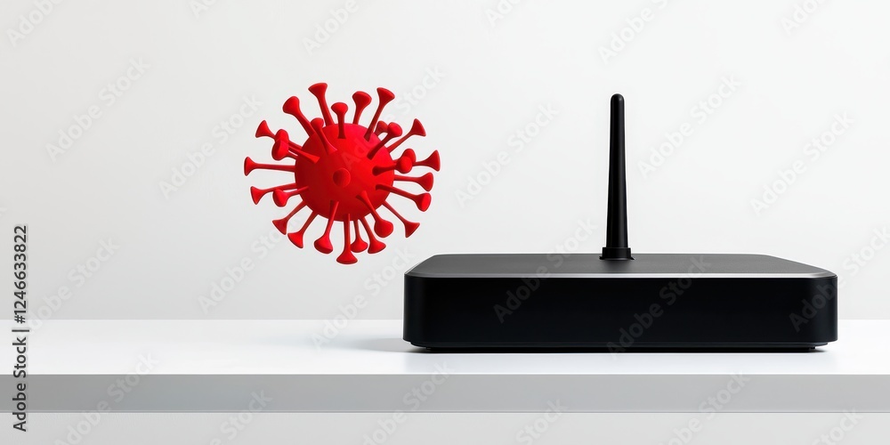 Poster cybersecurity and remote work. router with a floating virus symbolizing cybersecurity threats and he