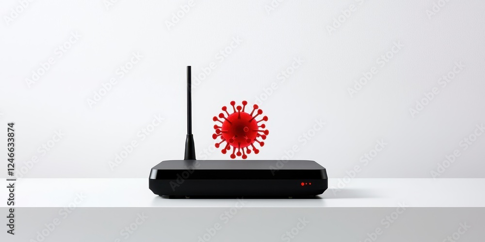 Poster cybersecurity and remote work. a router with a virus symbol, illustrating cybersecurity or digital t