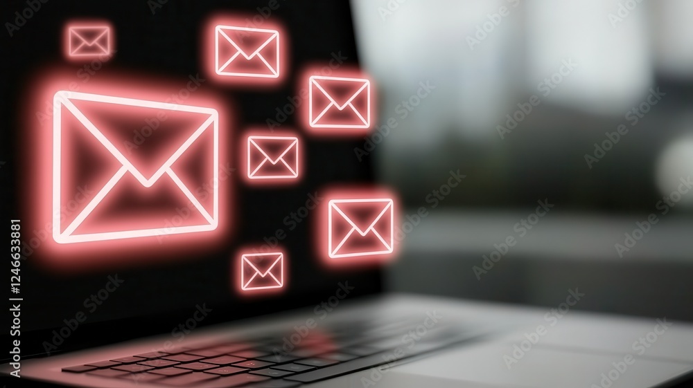 Poster cybersecurity and remote work. email notifications popping up on a laptop screen with a glowing effe