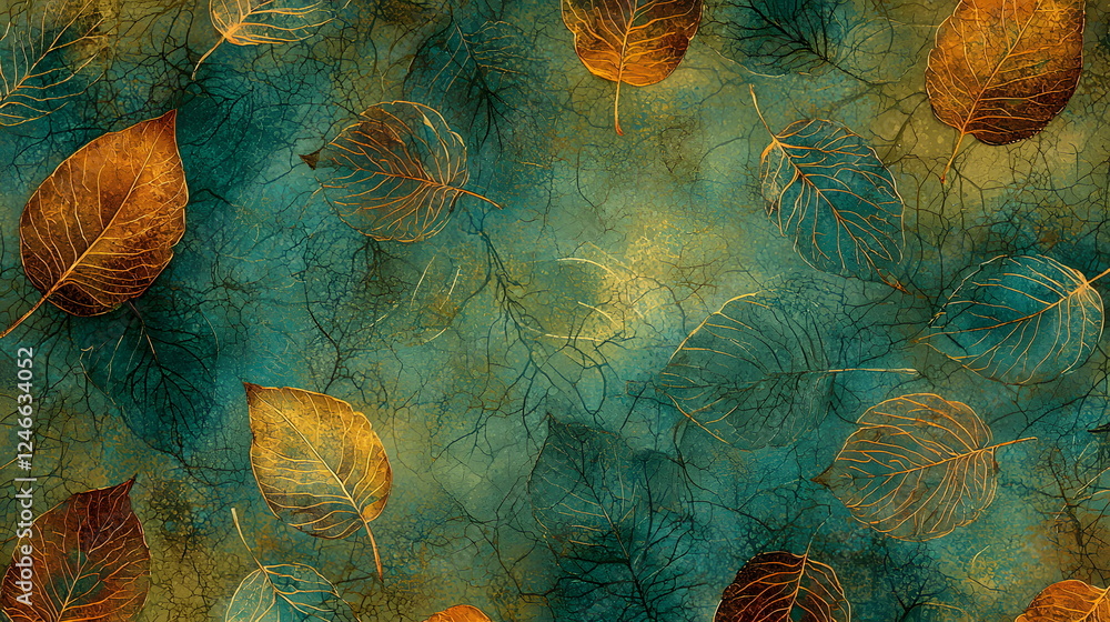 Poster autumn leaves scattered on a textured, colorful background with intricate patterns.