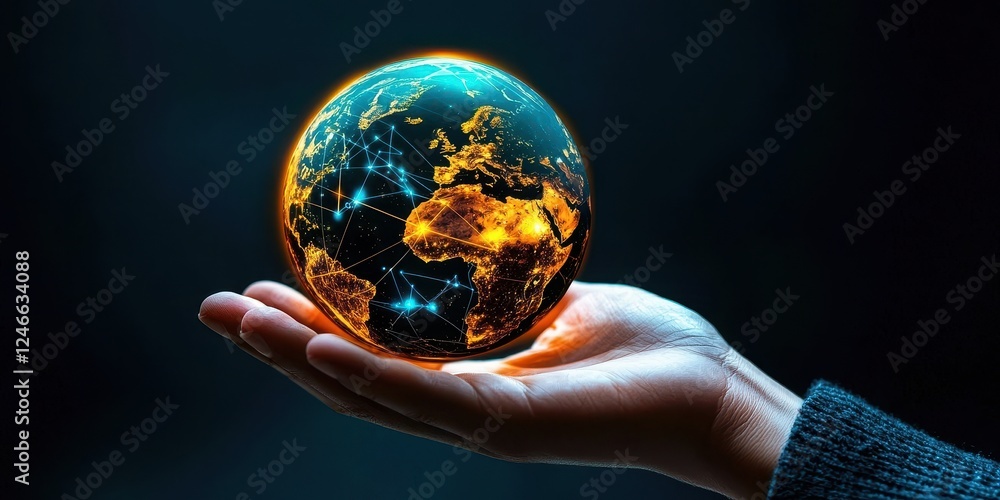 Poster cybersecurity and remote work. a glowing globe held in a hand, symbolizing global connection and tec