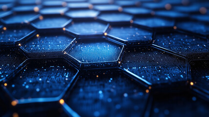 Obraz premium High tech hexagonal pattern with glowing elements and futuristic feel. This digital design showcases network of interconnected hexagons, creating visually striking surface