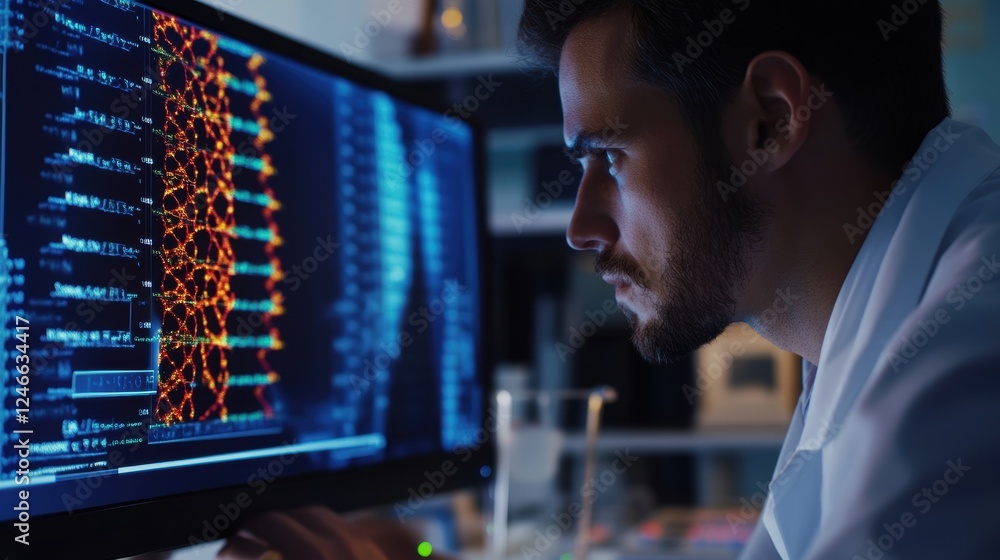 Poster a medium closeup of a researcher in a white lab coat intently observing a computer screen displaying