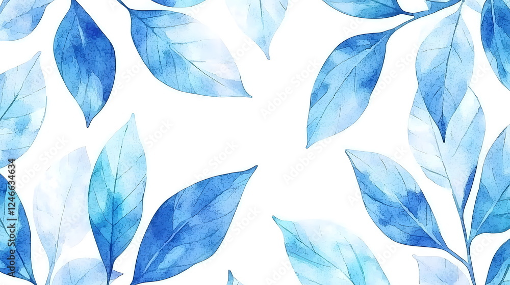Poster blue watercolor leaves pattern on transparent background with soft gradients and various shapes