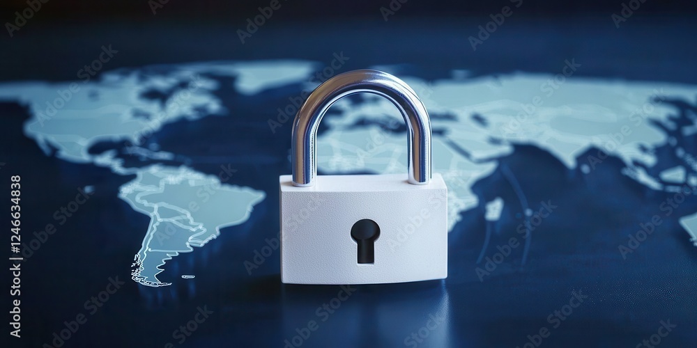 Poster cybersecurity and remote work. a padlock on a world map symbolizing security and protection.