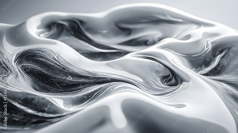 Poster fluid abstract design with smooth curves and a blend of black and white colors.