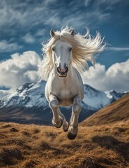 Obraz premium A white horse with long hair galloping in the sky