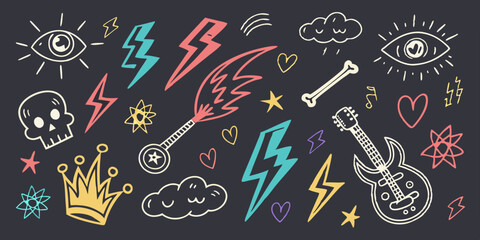 Colorful Hand-Drawn Doodle Set on Black Background, Arrows, Stars, Lightning, Vector Illustration