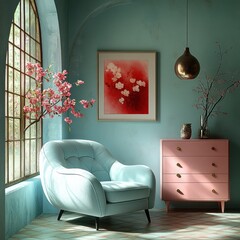 Cozy Modern Living Room with Light Blue Armchair and Pink Dresser in Minimalist Style