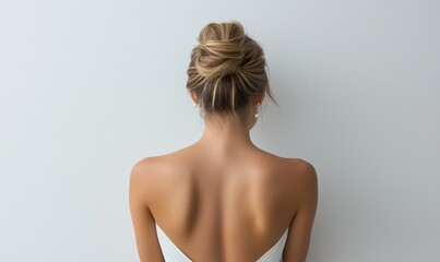 Obraz premium A stylish image of a young woman in a pristine white blouse, with perfectly slicked back hair, reflecting the latest fashion trends, confidently dressed in simple, casual attire with a natural look,