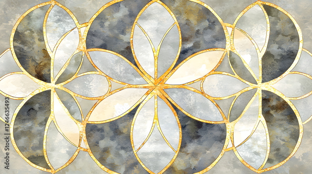 Poster floral pattern featuring overlapping circles in muted colors and a gold outline.