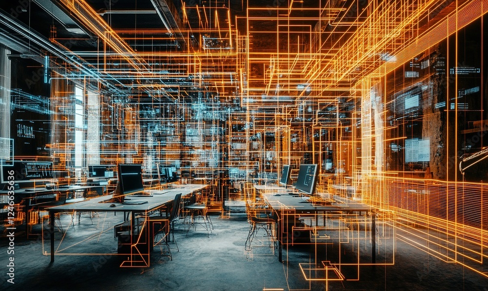 Poster modern office with digital network overlay, data analysis and processing