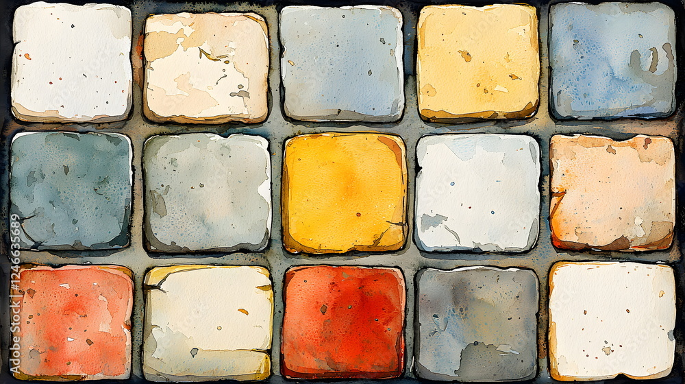 Poster colorful abstract tile pattern with watercolor texture in a grid layout on a transparent background