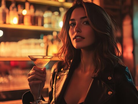A stylish woman holding a martini glass at a posh bar, illuminated by warm lighting.