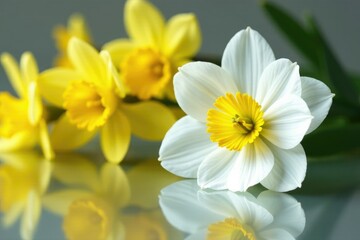 Obraz premium Delicate white anemone on a mirror background with yellow daffodil branches, decoration, anemone