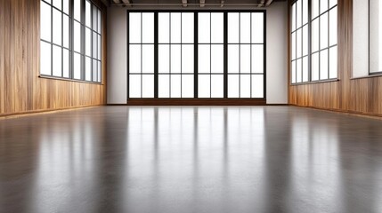 Spacious modern interior of an empty room with large windows and wooden walls, ideal for events