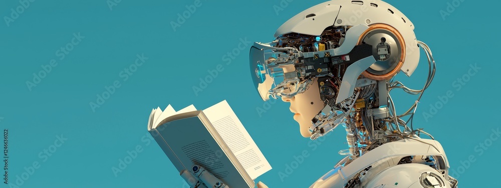 Poster a robotic cyborg reads a book, with a pressing banner and text space. 3d rendering on a blue backgro