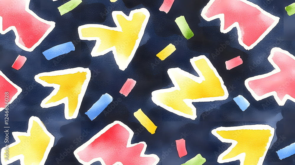 Aufkleber colorful abstract pattern with arrows and shapes on a dark background in vibrant hues.