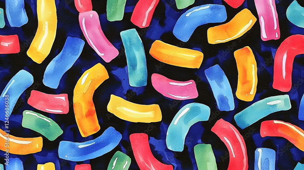 Poster colorful abstract shapes scattered on dark background with vibrant hues and playful design elements