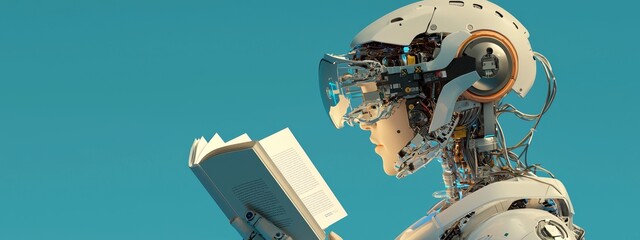 A robotic cyborg reads a book, with a pressing banner and text space. 3D rendering on a blue background. Stock