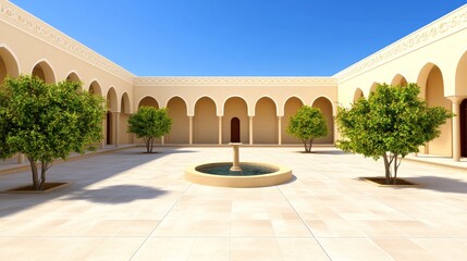 Tranquil courtyard featuring a fountain surrounded by lush trees and arched architecture under blue sky