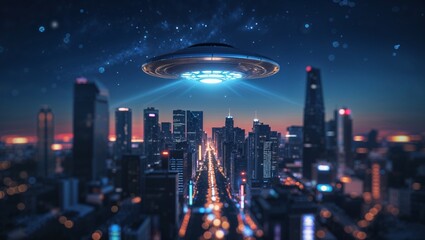 A sleek UFO hovers over a vibrant city at night, casting an ethereal glow on the urban landscape.