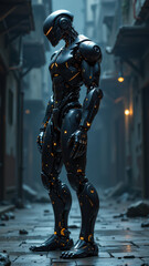A humanoid robot standing on a wet street at night.
