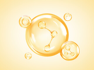 Transparent liquid сosmetic oil bubbles with molecules inside. Collagen skin serum. Cosmetic essence. Hyaluronic acid bubbles. Skincare product. Concept skin care cosmetics solution