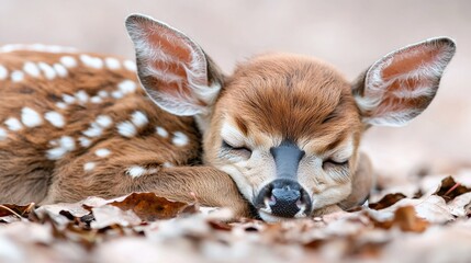 Obraz premium Sleeping fawn amidst autumn leaves, forest background, wildlife photography