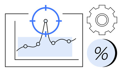 Graph with line chart and target marker, gear symbol, and percentage icon in blue and black. Ideal for presentations, data analysis, business strategy, financial reports, market research, performance