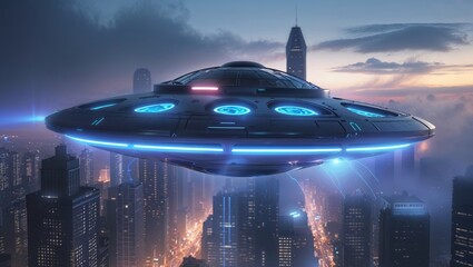 A futuristic UFO hovers silently above a vibrant city, its lights casting an eerie glow on the urban landscape.