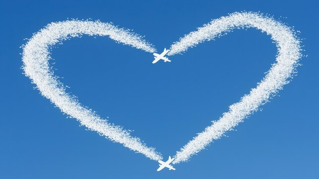 Airplanes Create Heart Shape in Blue Sky with White Smoke Trails