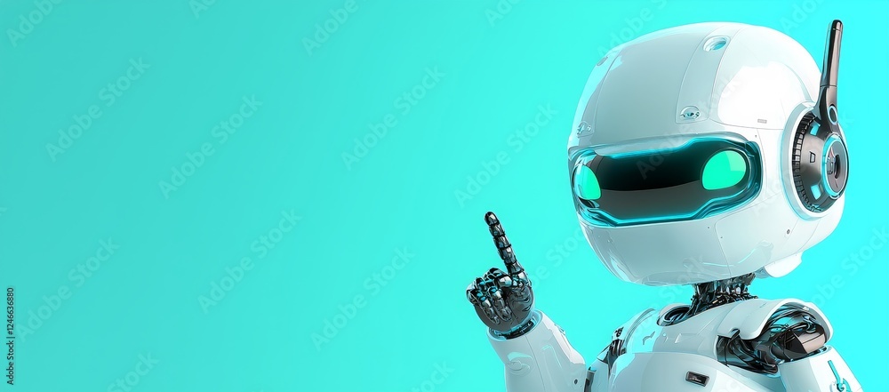 Poster a mini robot with a cute appearance is gesturing with its fingers towards a copy area on a green bac
