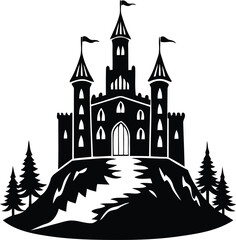 Obraz premium Modern premium quality Castle on a hill vector illustration design, Castle on a hill silhouette or line art vector design