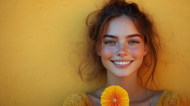 Whimsical Young Woman Joyfully Clutching a Bright Pinwheel Toy Against a Striking Yellow Wall Captured in an Expressive Close-Up Photo