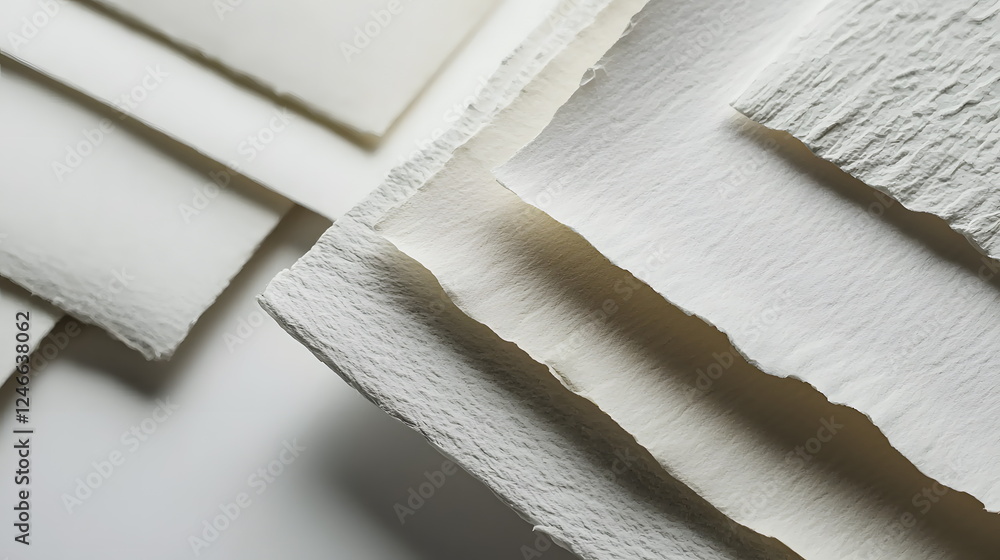 Aufkleber textured handmade paper sheets arranged in layers with soft shadows and natural light