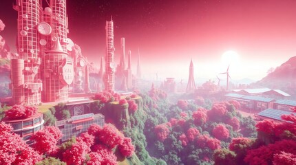 Surreal infrared tones create an ethereal vibe in a futuristic city made of recyclable materials, featuring vibrant renewable energy landscapes and lush green forests
