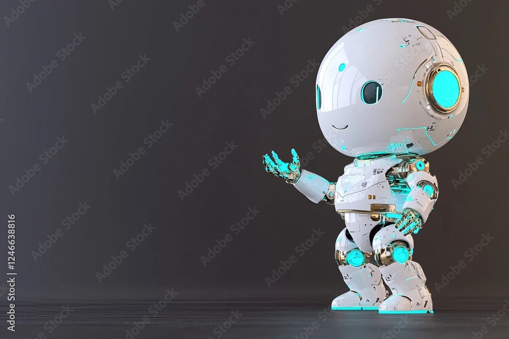 Poster cute robot gesturing towards an object on a dark backdrop, stock