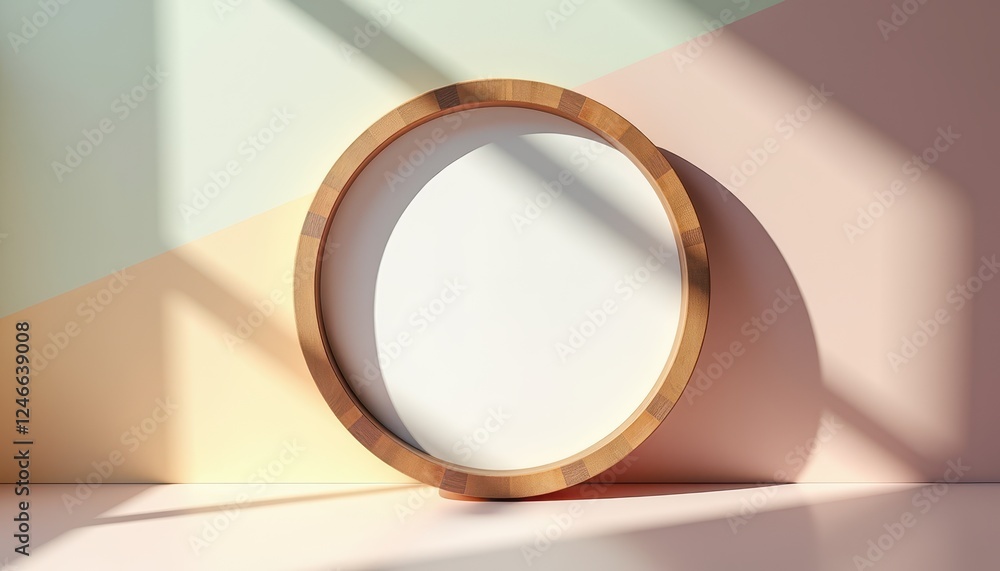 Poster round wooden frame mockup is placed against a pastel-colored background with geometric shapes and so