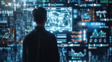 Big data analytics with AI technology. Data analyst analyzing and visualizing complex information network with artificial intelligence. Machine learning algorithm for business analytics and finance.