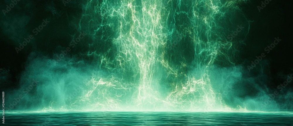 Aufkleber digital rendering of a neon green waterfall surrounded by mist in a mysterious environment