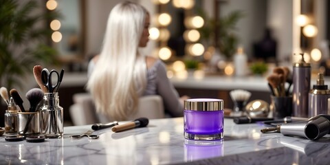 Purple Jar on Marble Counter in a Professional Hair Salon Setting with Blonde Hair Focus