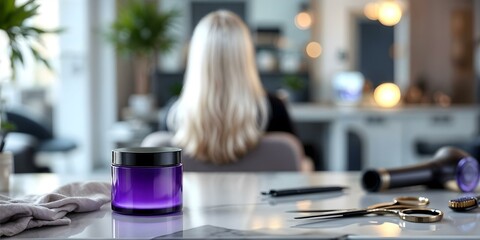 Purple Jar on Marble Counter in a Professional Hair Salon Setting with Blonde Hair Focus