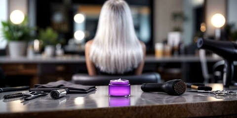 Purple Jar on Marble Counter in a Professional Hair Salon Setting with Blonde Hair Focus