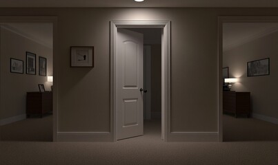 Open door in dimly lit hallway with two bedrooms on either side at night