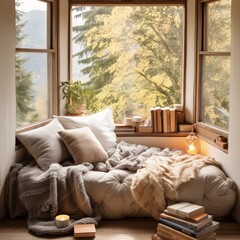 Cozy autumn retreat scenic mountain view interior design warm atmosphere inviting perspective relaxation concept
