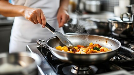 A woman practicing minimalist cooking techniques in a small, tidy kitchen.