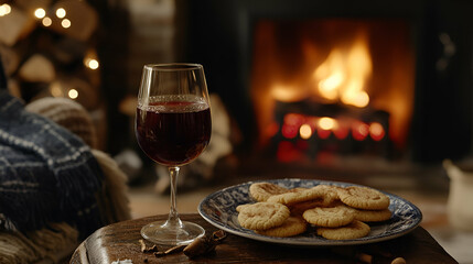 Cozy winter scene with a glass of red wine, cinnamon cookies, and a warm fireplace in the background. Perfect for holiday cards or blogs.